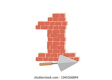 Numeric figure decorated red brick wall with hand trowel icon. Textured brown brick wall pattern for printing, mock-up, poster, banner, promo, sales. Blocks for architecture project, Masonry project