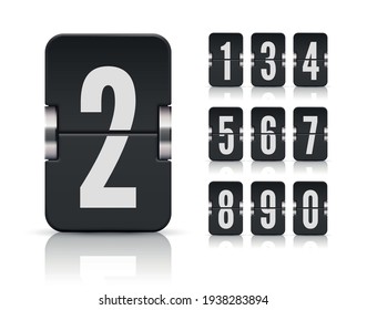 Numeric flip scoreboard set with reflections for black countdown timer or web page watch or calendar isolated on white. Vector illustration