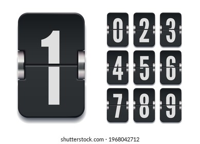 Numeric flip scoreboard set with shadows for black countdown timer or web page watch or calendar isolated on white. Vector illustration