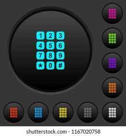 Numeric keypad dark push buttons with vivid color icons on dark grey background