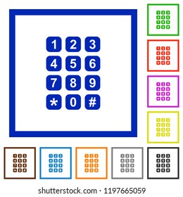 Numeric keypad flat color icons in square frames on white background