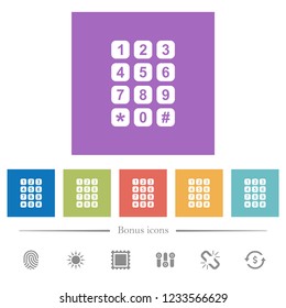 Numeric keypad flat white icons in square backgrounds. 6 bonus icons included.