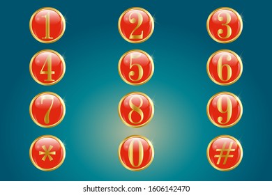 Numeric keypad icons in round gold glossy badge. gold glossy badge. vector illustration. EPS 10.