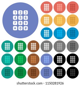 Numeric keypad multi colored flat icons on round backgrounds. Included white, light and dark icon variations for hover and active status effects, and bonus shades on black backgounds.