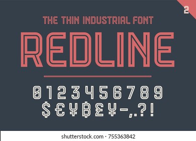 Numeric and symbol font Red Line, Part Two - Numeric, Numbers and Money Symbols. Bold and regular uppercase letters. Strong industrial inline numeric font for creative typographic. Vector Illustration