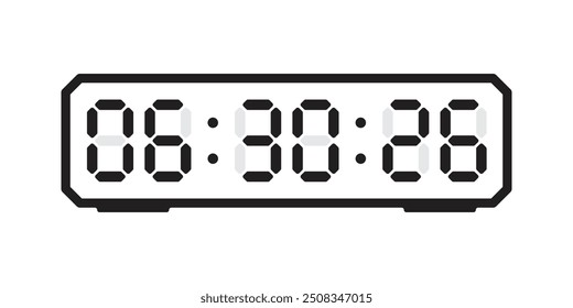 Numeric watch, electronic display, black white, rectangular, 8:88:88, pixel style.