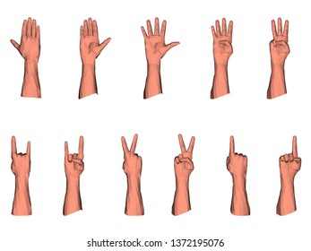 Numerical gestures of male low poly hand for one, two, three, four and five polygonal fingers