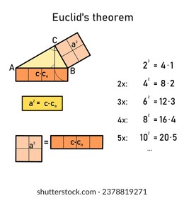 Numerical and graphical representation of Euclid's theorem on the side of a right triangle with the values 2, 1, 4 and their multiples