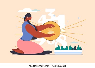 Numerology concept with people scene in flat design. Woman numerologist predicts fate and counts important dates and numbers, making in esoteric. Vector illustration with character situation for web