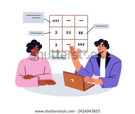 Numerology, psychomatrix, numerical analysis. Numerologist expert analyzing birth date, numbers and digits in Pythagorean square, matrix. Flat vector illustration isolated on white background Stock photo © 