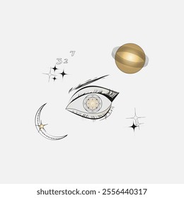 Numerology. Sun. Eye. Planet. Moon. Astrology.  All-seeing eye. An eye to the future and the past. Logo for a numerologist. Map of fate. Stars. Numbers. Numeral.