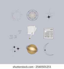 Numerology. Sun. Eye. Planet. Moon. Astrology.  All-seeing eye. An eye to the future and the past. Logo for a numerologist. Map of fate. Stars. Numbers. Numeral.Notes. Calculator.