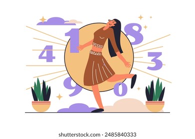 Numerology web concept with people scene in flat design. Woman counts important dates and numbers for predicts fate, making in esoteric mystery. Vector illustration with character situation for web