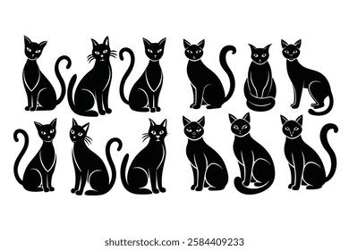 Numerous black cats are arranged in a visually appealing layout, each displaying unique poses and expressions, showcasing their charm and elegance.