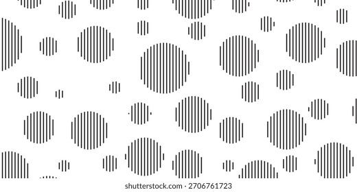 Numerosas Formas circulares negras rellenas de delgadas líneas de Vertical, dispersas aleatoriamente y que varían en tamaño, creando un patrón gráfico dinámico.