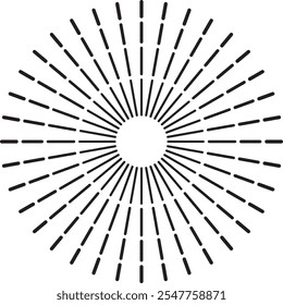 Numerosas líneas negras irradian hacia afuera desde un círculo blanco central, creando un efecto dinámico de explosión solar o explosión estelar contra un fondo blanco