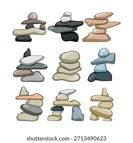 Zahlreiche Steinstapel mit unterschiedlichen Formen, Farben und Kompositionen, die Konzepte von Balance, Meditation, Stabilität und spiritueller Praxis darstellen
