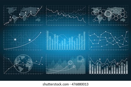 Numerous charts, screens and graphics background interface