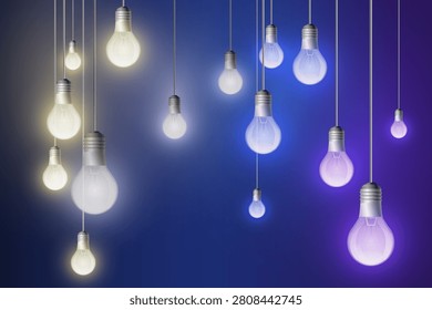 Numerous colorful light bulbs hanging on wires against a blue to purple gradient background