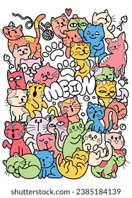 numerous cute cartoon cats with different faces, happy expressionism in the style of bold outlines and flat colors