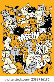 numerous cute cartoon cats with different faces, happy expressionism in the style of bold outlines and flat colors