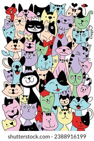 numerous cute cartoon cats with different faces, happy expressionism in the style of bold outlines and flat colors
