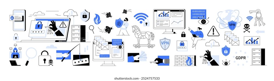 Numerosos iconos de ciberseguridad que representan la protección de datos, conexiones seguras, privacidad, amenazas de piratería informática y medidas de cumplimiento. Ideal para seguridad digital, ciberamenazas, privacidad de datos, malware de Internet