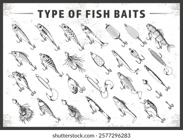 Numerous fish baits displayed on a textured background showcase different designs and styles used in fishing. This layout assists anglers in selecting effective bait options.