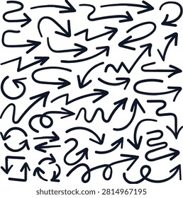 Numerous hand-drawn arrows in black ink, displaying a wide range of shapes and directions on a plain white background.