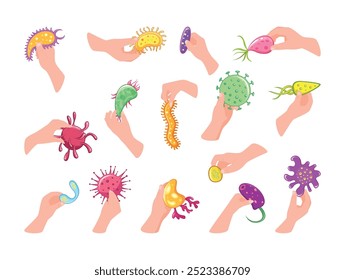 Numerosas mãos segurando diferentes microrganismos coloridos ilustram a enorme variedade de bactérias e micróbios, destacando sua diversidade e impacto no mundo ao seu redor.