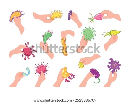Numerous hands holding colorful different microorganisms illustrate the huge variety of bacteria and microbes, highlighting their diversity and impact on the world around them.