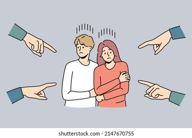 Numerous hands pointing at scared unhappy couple feeling unwell for blaming and guilt. Society shaming young man and woman for relationships. Discrimination. Vector illustration. 