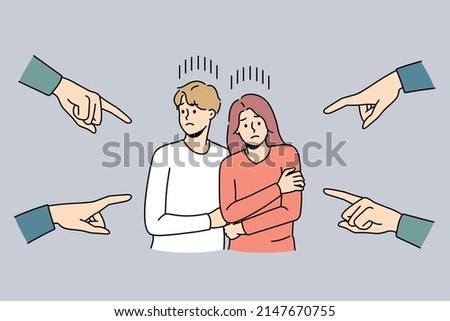 Numerous hands pointing at scared unhappy couple feeling unwell for blaming and guilt. Society shaming young man and woman for relationships. Discrimination. Vector illustration. 