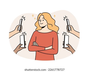 Numerous people with cellphones photograph smiling confident woman. Happy female celebrity photographed with smartphones social media. Vector illustration.  - Shutterstock ID 2261778727