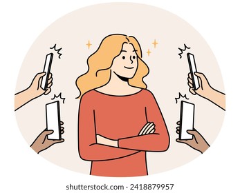 Numerous people with cellphones photograph smiling confident woman. Happy female celebrity photographed with smartphones social media. Vector illustration.