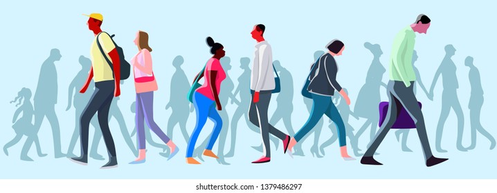 Numerous public groups, both men and women, children walking