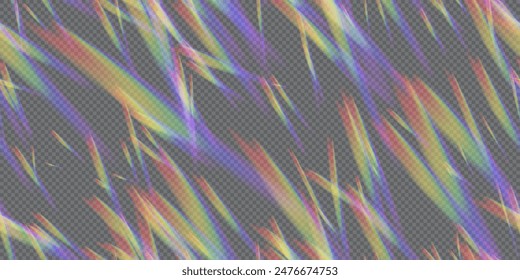 Numerosos reflejos de arco iris y dispersión desde el prisma en forma de una bolsa transparente sin costuras. Plumas brillantes exóticas. Dispersión y refracción de la luz solar. Degradado de espectro borroso colorido