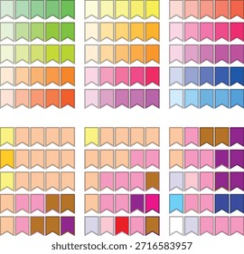 Numerosas Pequeñas banderas de Anuncio en blanco en varios tonos de verde, naranja, rosa, azul, amarillo y púrpura organizadas cuidadosamente.