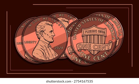Numismatic cartoon illustration of a stack of stylized 2024 Lincoln Cent coins on a dark brown background. National One Cent Day, April 1st