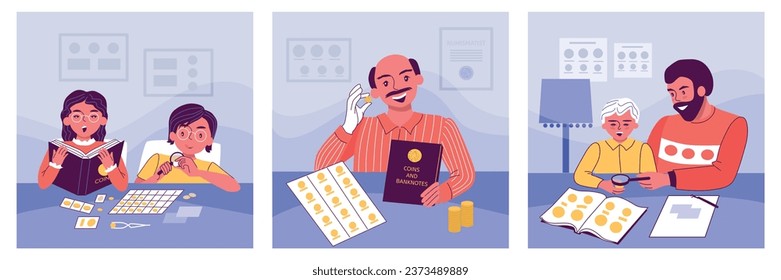 Numismatics coin set of three square compositions with flat doodle characters of adults and kids collectors vector illustration