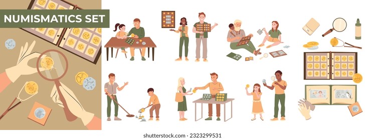 Numismatics flat composition set with numismatist kit and people collecting coins isolated vector illustration