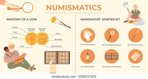 Numismatics flat infographic with coin anatomy and starter kit for numismatist vector illustration