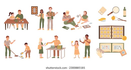 Numismatics flat set with numismatists looking for selling collecting coins isolated vector illustration