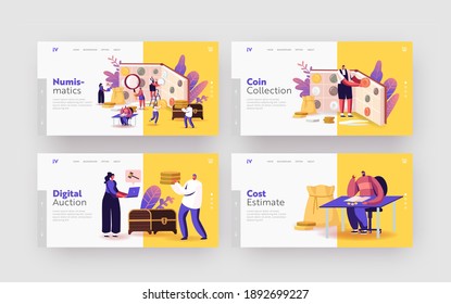 Numismatics Landing Page Template Set. Tiny Characters at Huge Album with Coins Collection. Numismatists Collect, Selling or Buying Old Coins, Hobby or Profession. Cartoon People Vector Illustration