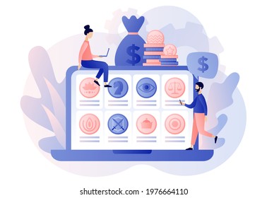 Numismatics online. Tiny people numismatists collect, selling or buying ancient coins. Old rare collectible coins on web site. Hobby or profession. Modern flat cartoon style. Vector illustration