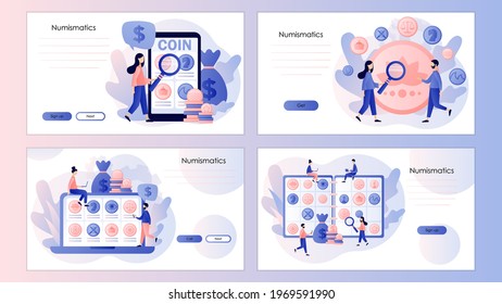Numismatics. Tiny people numismatists collect, selling or buying ancient coins.  Hobby or profession. Screen template for landing page, template, ui, web, mobile app, poster, banner, flyer. Vector 
