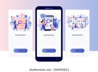 Numismática. Pequeñas personas numismatistas recolectan, venden o compran monedas antiguas colectivas raras. Hobby o profesión. Plantilla de pantalla para la aplicación móvil para smartphone. Estilo moderno de dibujos animados planos. Vector 
