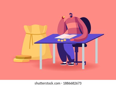 Numismatist Collector Male Character Sitting at Desk Examine Golden Coins. Man Collect Ancient Coins, Numismatist Hobby or Profession, Numismatics Occupation Concept. Cartoon Vector Illustration