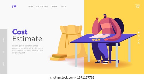 Numismatist Hobby or Numismatics Occupation Landing Page Template. Numismatist Collector Male Character Sitting at Desk Examine Golden Coins. Man Collect Ancient Coins. Cartoon Vector Illustration