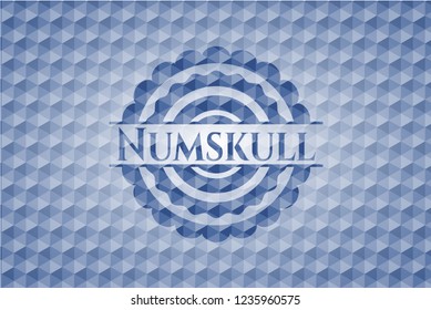 Numskull blue badge with geometric pattern.